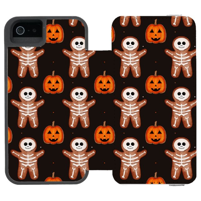 Pumpkins and Skeleton Gingerbread Halloween Design Incipio iPhone Wallet Skal (Folio Öppen)