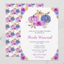 Pumpkins Baby Shower för lila och marin Blommigt