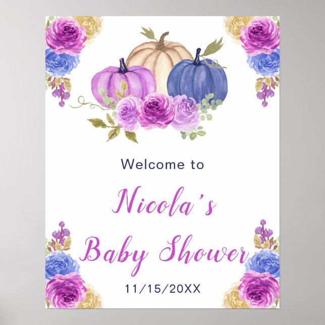 Pumpkins Baby Shower för lila och marin Blommigt Poster (Framsidan)