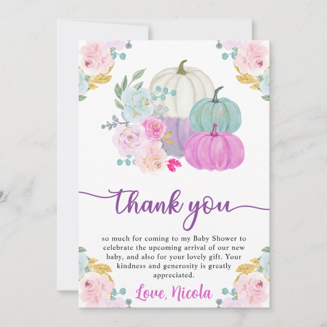 Pumpkins Baby Shower för pastel Färg med vattenfär Tack Kort (Framsida)