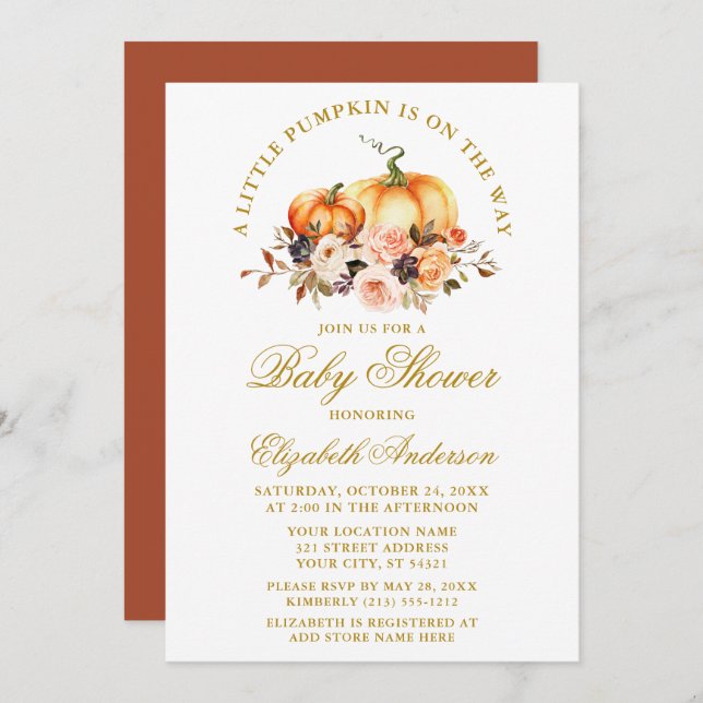 Pumpkins Baby Shower Guld på Blommigten för höstfä Inbjudningar (Fram/baksida)