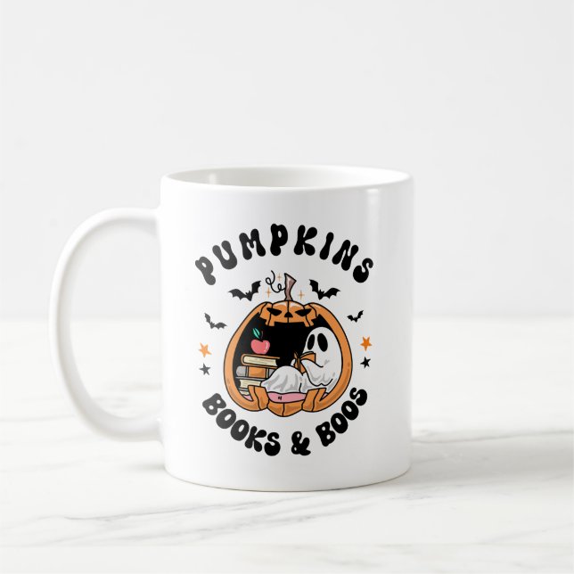Pumpkins Bokar & Boos Cute Ghost Reading Halloween Kaffemugg (Vänster)
