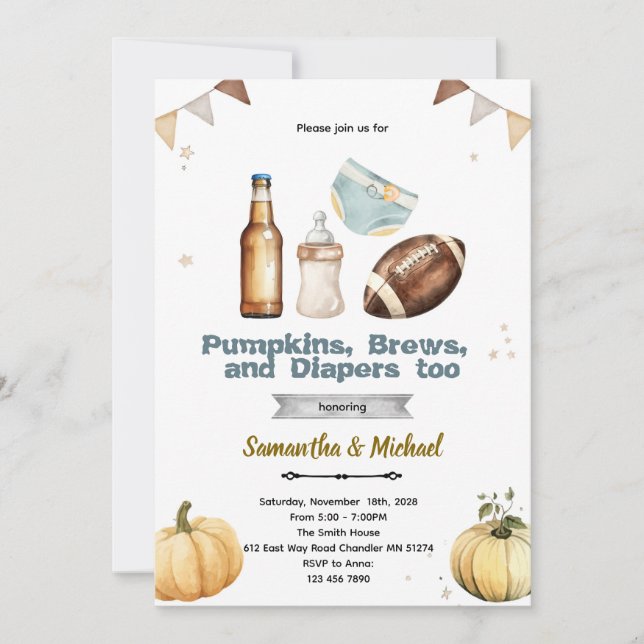 Pumpkins Brew and Diapers Too Invitation Inbjudningar (Framsida)