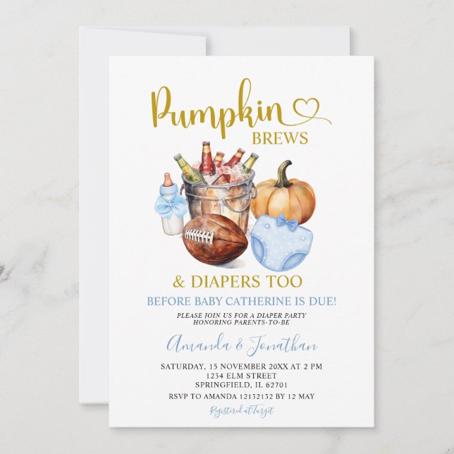 Pumpkins Brews Diaper Blue Fall Boy Gender Reveal Inbjudningar (Framsida)