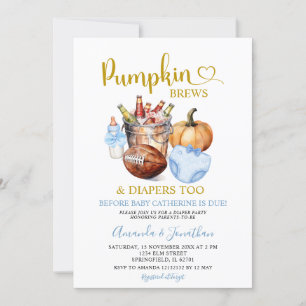 Pumpkins Brews Diaper Blue Fall Boy Gender Reveal Inbjudningar