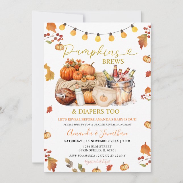 Pumpkins Brews Diaper Höst löv Gender Reveal Inbjudningar (Framsida)