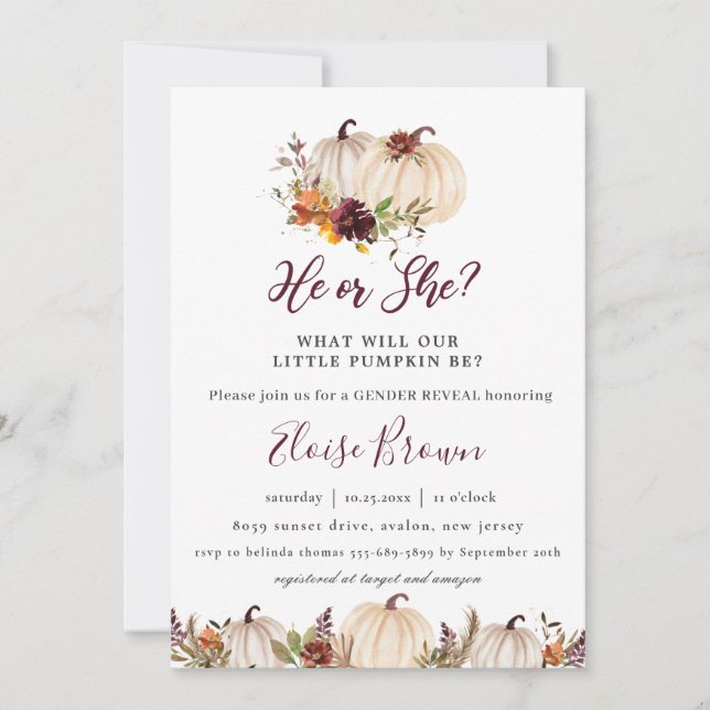 Pumpkins Burgundy Orange Blommigt Gender Reveal Inbjudningar (Framsida)