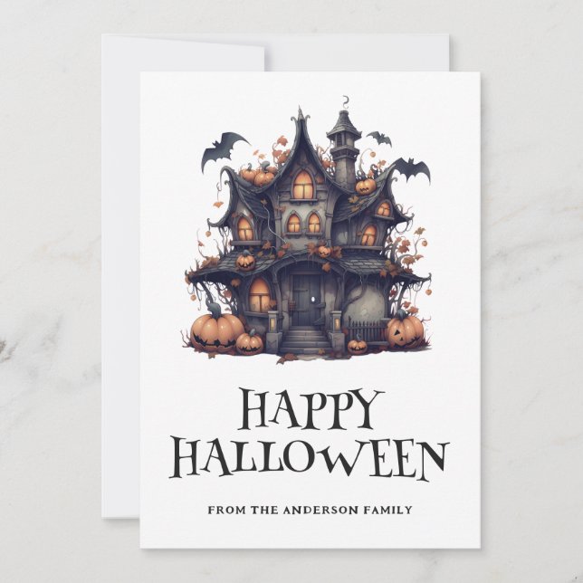 Pumpkins Card för happy halloween Haunted House Fl Julkort (Framsida)