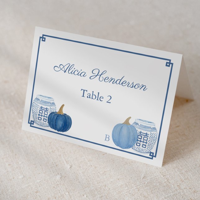 Pumpkins Chinoiserie Blue White Bröllop Place Card Bordsnummer (Individual place card design featuring blue pumpkins, ginger jars and navy blue and white Greek Key)