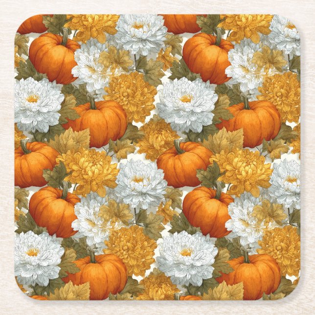 Pumpkins & Chrysanthemums Fall Design Underlägg Papper Kvadrat (Framsidan)