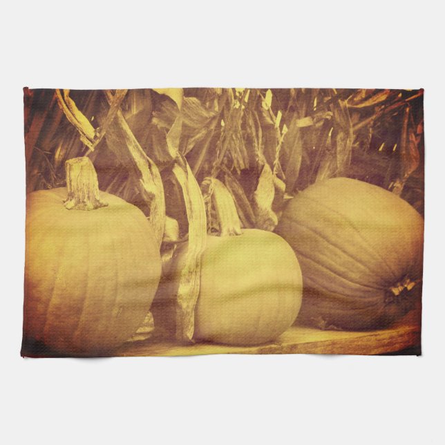 Pumpkins Cornstalks Fall Vintage Kökshandduk (Horisontell)