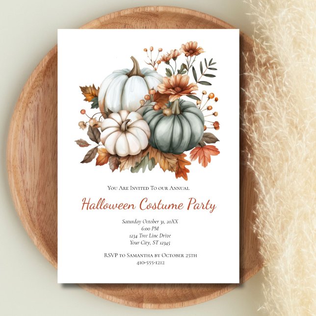 Pumpkins Fall Autumn Flowers Halloween fest Inbjudningar (Pastel Green White Pumpkins Fall Autumn Leaves Flowers Halloween Party invitation. Printed Digital)