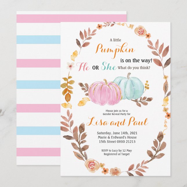 Pumpkins Fall Gender Reveal Rosa Blue-inbjudan Inbjudningar (Fram/baksida)
