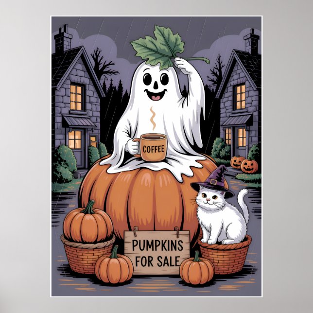 Pumpkins For Sale & Caffeine Ghost & Cat V2 Poster (Framsidan)