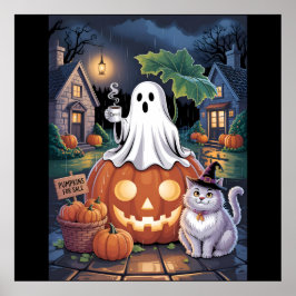 Pumpkins For  Sale & Caffeine Ghost With Cat  Poster