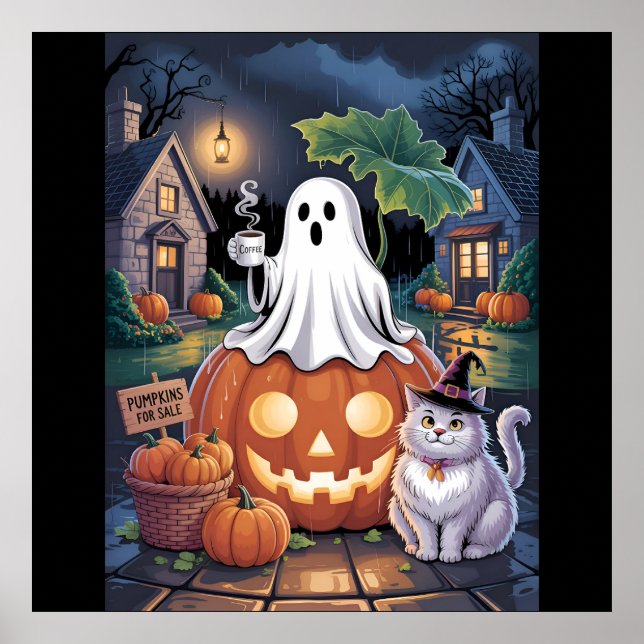 Pumpkins For  Sale & Caffeine Ghost With Cat  Poster (Framsidan)