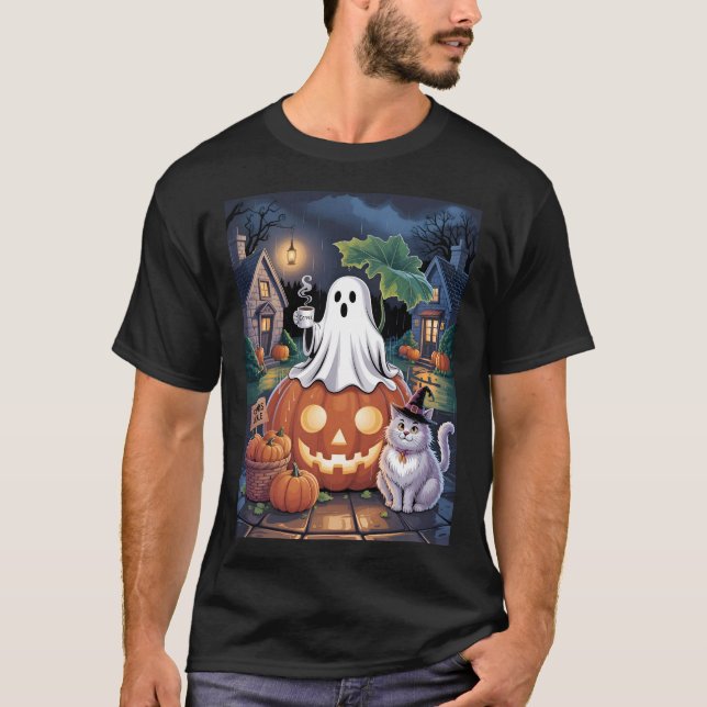 Pumpkins For Sale & Caffeine Ghost With Cat T Shirt (Framsida)