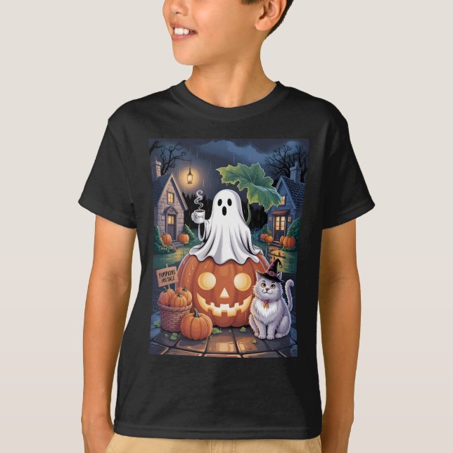 Pumpkins For Sale & Caffeine Ghost With Cat T Shirt (Framsida)