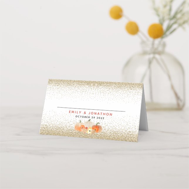 Pumpkins Glitter faller i Kärlek Namn Bröllop Stäl Placeringskort (Framsida)
