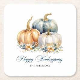 Pumpkins happy thanksgiving Blue Orange Guld Underlägg Papper Kvadrat