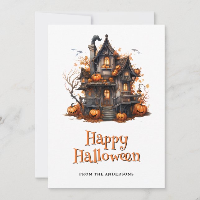 Pumpkins Haunted House Ghost Halloween Card Julkort (Framsida)