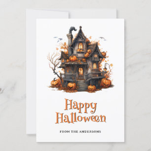 Pumpkins Haunted House Ghost Halloween Card Julkort