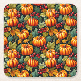 Pumpkins in the Leaves with Berries Underlägg Papper Kvadrat