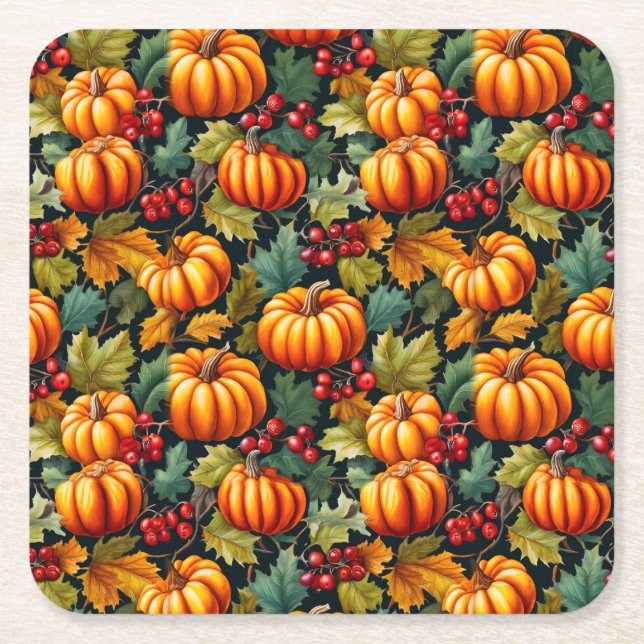 Pumpkins in the Leaves with Berries Underlägg Papper Kvadrat (Framsidan)