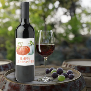 Pumpkins Lycklig Friendsgiving fall av bränd orang Vinflaska Etikett