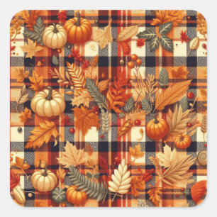 Pumpkins Maple Löv Autumn Plaid Fyrkantigt Klistermärke