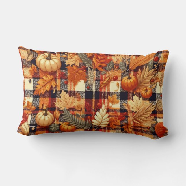 Pumpkins Maple Löv Autumn Plaid Lumbarkudde (Baksida)
