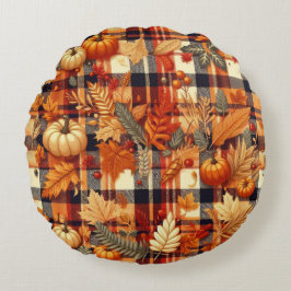 Pumpkins Maple Löv Autumn Plaid Rund Kudde