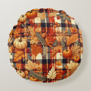 Pumpkins Maple Löv Autumn Plaid Rund Kudde
