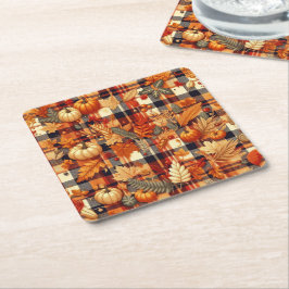 Pumpkins Maple Löv Autumn Plaid Underlägg Papper Kvadrat