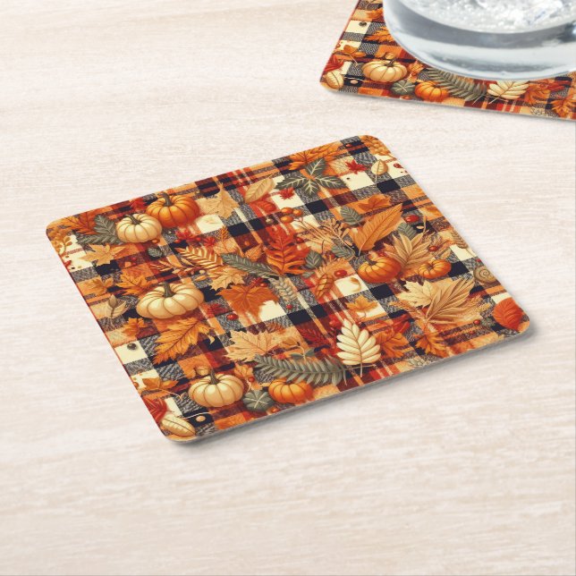 Pumpkins Maple Löv Autumn Plaid Underlägg Papper Kvadrat (Vinklad)