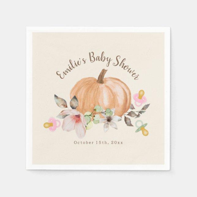 Pumpkins Nappar Blommigt Fall Baby Shower Pappersservett (Framsidan)