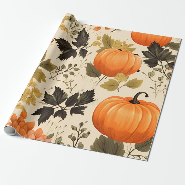 Pumpkins och Autumn Blooms Presentpapper (Utrullad)
