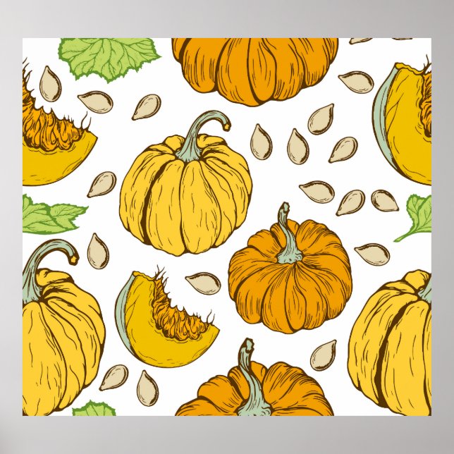 Pumpkins Retro Sketch: Thanksgiving Mönster. Poster (Framsidan)