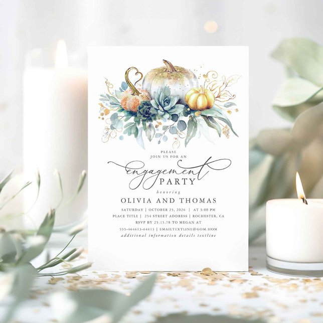 Pumpkins Succulents Greenery Fall Förlovningsfest Inbjudningar (Greenery and Pumpkins Fall Engagement Party Invitations)