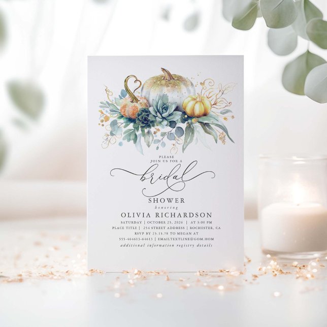Pumpkins Succulents Greenery Fall Möhippa Inbjudningar (Fall Bridal Shower Invitations with Succulents Greenery and Gold Pumpkins)