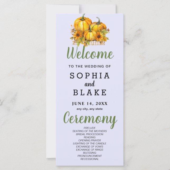 Pumpkins & Sunblommor Fall Lila Bröllopsprogram (Framsida)