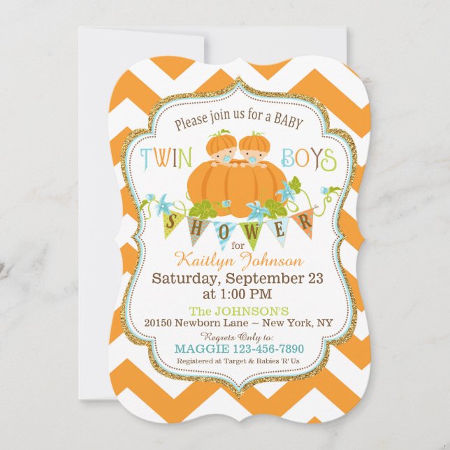 Pumpkins Twin Boys Fall Baby Shower-inbjudningar Inbjudningar (Framsida)