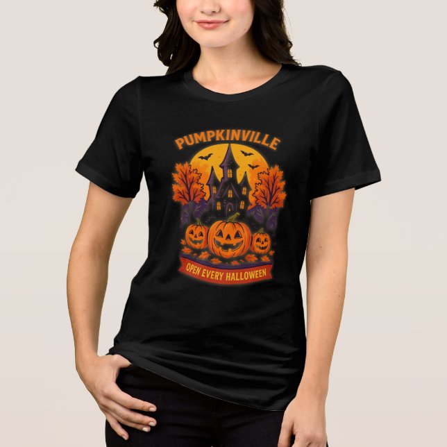 Pumpkinville Haunted House Spooky Fall T Shirt (Framsida)