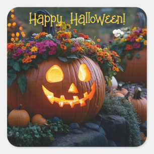 Pumpor av typen Halloween som dekorerats med blomm Fyrkantigt Klistermärke