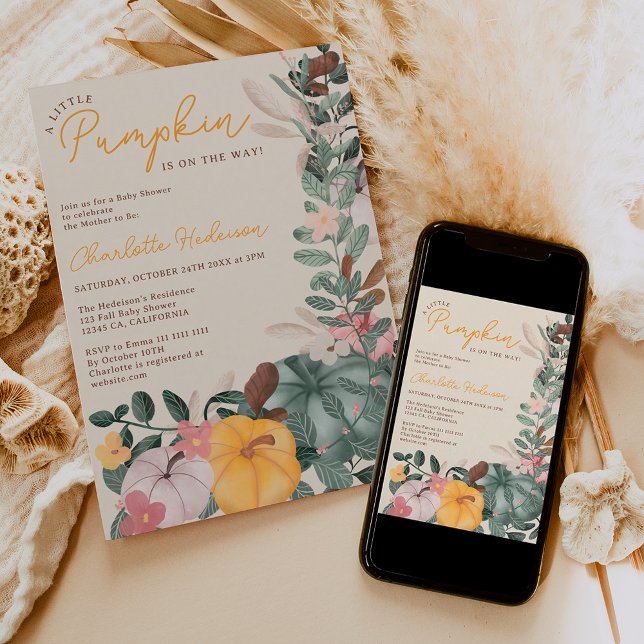 Pumpor, babydusch för chic av andningsvätska inbjudningar (Fall wreath chic little pumpkin baby shower invitation)