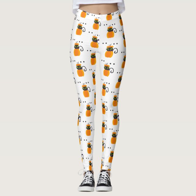 Pumpor, Black Cat & Eyebullar, Halloween Mönster Leggings (Framsida)