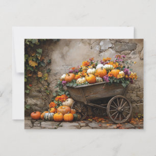 Pumpor, blommor och Löv i en hjulbarrow Vykort