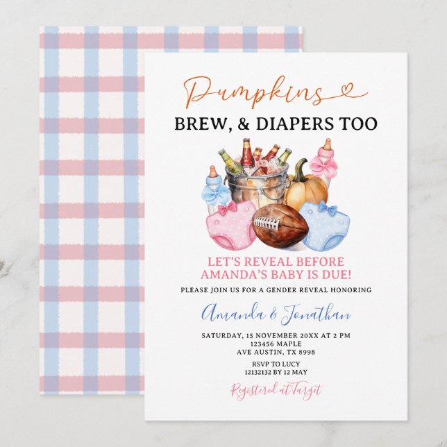 Pumpor Brew & Diaper to Gender Reveal Fall Inbjudningar (Fram/baksida)