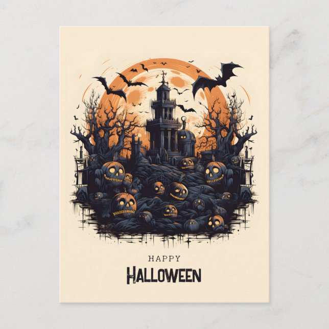 Pumpor från happy halloween och fladdermus vykort (Framsida)