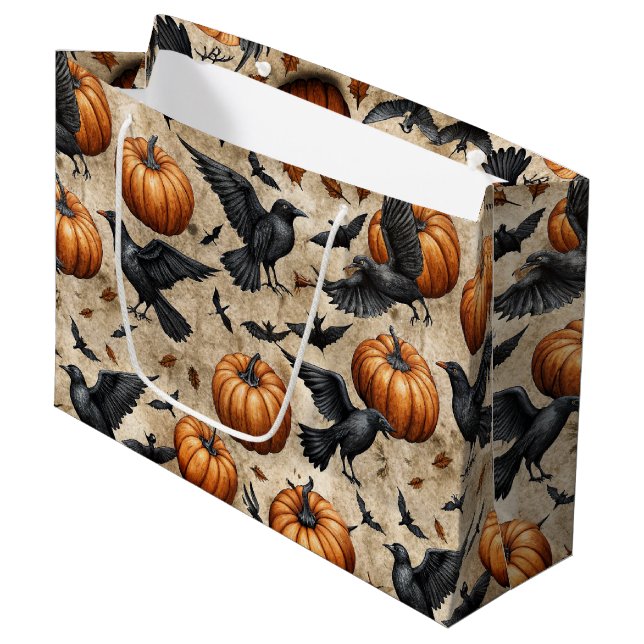 Pumpor, Kråkor och Fladdermus Halloween Mönster (Framsidan Vinklad)